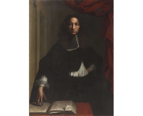 Circle of Francisco Ribalta (Spanish, 1565-1628)Portrait of a knight, three-quarter-length in black, standing at a table, his