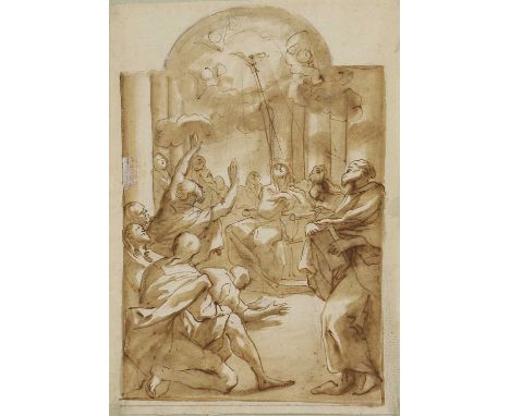 Domenico Piola (Italian, 1627-1703)'La Pentecoste'pen and ink and wash heightened with white24.5 x 16.5, unframedCondition Re