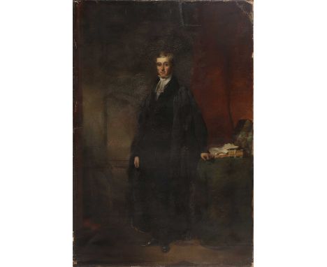 Sir Martin Archer Shee PRA FRS (Irish, 1769-1850)Portrait of a clergyman, full-length, standing by a table, in a black coatoi