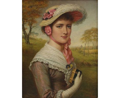 William Lucas (c.1840-1895)Portrait of a young lady in a bonnet with pink ribbons and white feather, in a landscapesigned and
