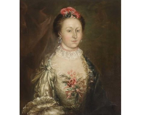 Follower of Thomas GainsboroughPortrait of a lady, believed to be Elizabeth Arbuthnot, half-length, in a white dress with flo