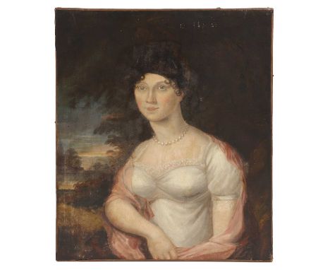 English School, c.1830Portrait of a young lady, half-length, in a white dress and pink shawloil on canvas75 x 62cm, unframedT