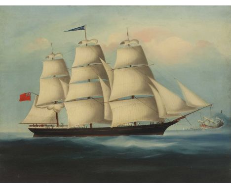 Anglo-Chinese School, 19th century The three-masted clipper 'Macduee' off the coast with a junkoil on canvas53 x 66cm, unfram