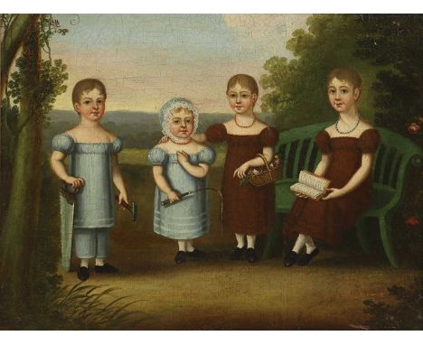 English Naive School, early 19th centuryPortrait of four children in a park, two in blue dresses, two in brown dresses, one h