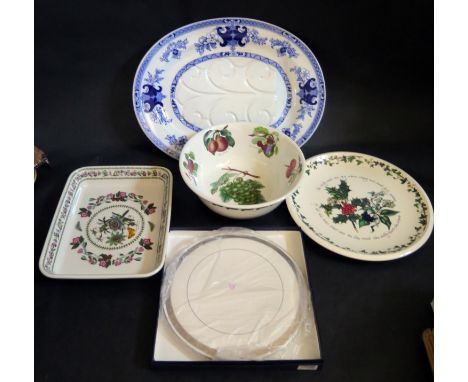 A Minton Blue and White Meat Platter and three Portmeirion dishes and Royal Worcester Boxed Cake Plate 