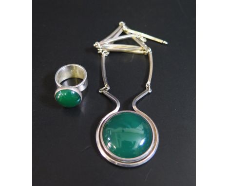 A Danish Silver and Green Stone Ring by N.E. From (size M.5) and matched necklace with import marks and by OSD, 46g 