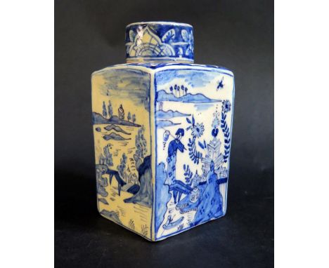 An 18th Century Dutch Delft Blue and White Tea Flask decorated with chinoiserie scenes by Johannes van Duyn, 14cm 