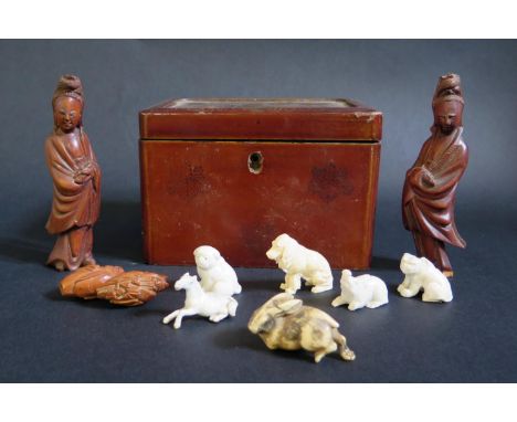 A Pair of Chinese Hardwood Okimono (12cm), Japanese ojime, ivory netsuke, etc. **CONTAINS IVORY _ UK Shipping ONLY** 