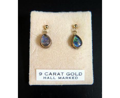 A Pair of Hallmarked 9ct Gold and Black Opal Pendant Earrings (15mm), 1.2g 