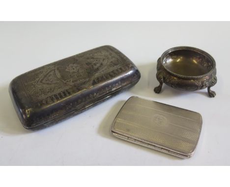 A Victorian Silver Salt, London 1882, Thomas Smily, engine turned cigarette case (Birmingham 1919) and plated cigar box with 