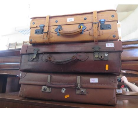 A Leather Suitcase, two others and box of oddments including Royal Worcester, trays, marbles etc. 