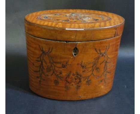 A Regency Satinwood and Penwork Oval Tea Caddy, 12cm tall 