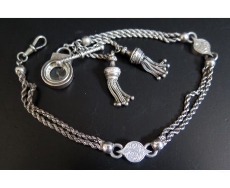 An Unmarked White Metal Albertine with compass fob, 17g 