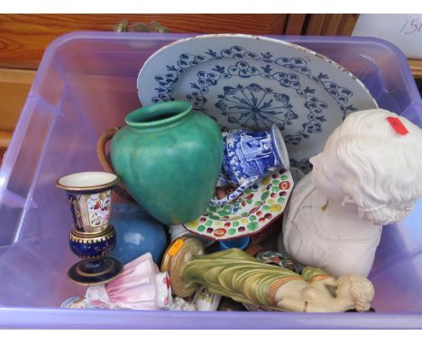 A Box of Odd Ceramics including, Royal Lancastrian vase, Royal Doulton Lily, damaged Royal Worcester and Davenport etc.