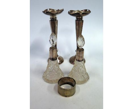 A Pair of Birmingham Loaded Silver Specimen Vases 17.5cm. A/F, two silver collar cut glass scent bottles, silver fob and plat