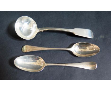 A William IV Silver Sauce Ladle, London 1834 and two Georgian desert spoons, 144g 