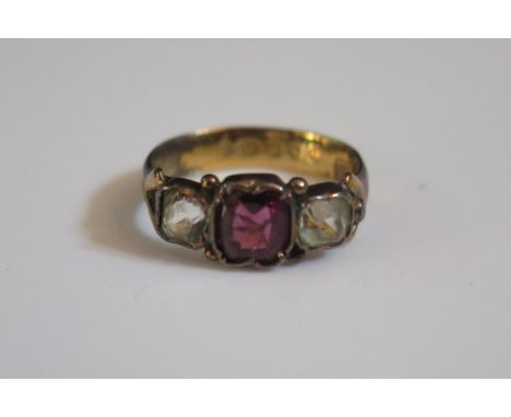 A Victorian 22ct Gold Three Stone Paste Ring, London 1853?, maker indistinct, size H.5, 3.2g 