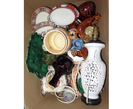A Selection of Ceramics including Dartmouth Pottery Gurgle Jug, Chinese brass tea caddy etc. 