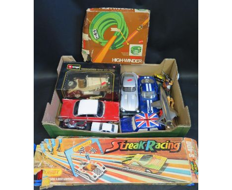 A Box of Model Toy Cars and Track Sets Including Bburago 1:18, Christine, Matchbox, Mattel etc. 