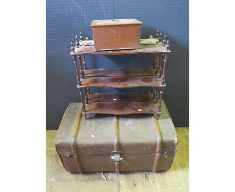 A Canvas Trunk, small pine box, two wall shelves 