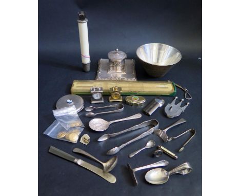 A Selection of Silver Plate including an inkwell, compact, two miniature clocks etc. 