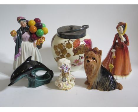 Two Royal Doulton Figurines 'Biddy Pennyfarthing' and 'Julia', Beswick Beatrix Potter 'Lady mouse', Sylvac dog and Poole dolp