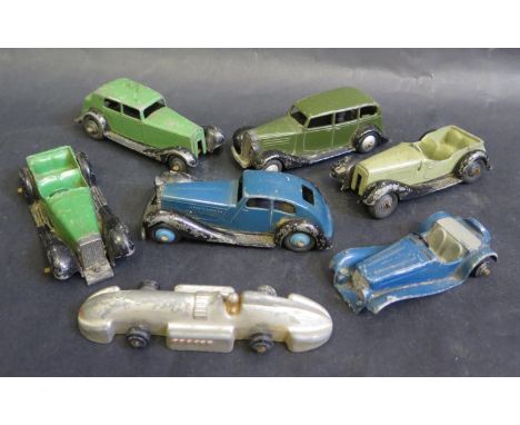 Seven Early Playworn Dinky Toy Cars Including Speed of The Wind, 30d Vauxhall, 36d Streamlined Rover etc. 