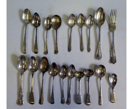 A Selection of Georgian and later Spoons and one fork, 297g hallmarked silver 