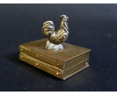 A Finely Made 19th Century Hinged Brass Box with white metal cockerel finial, 39x27mm 