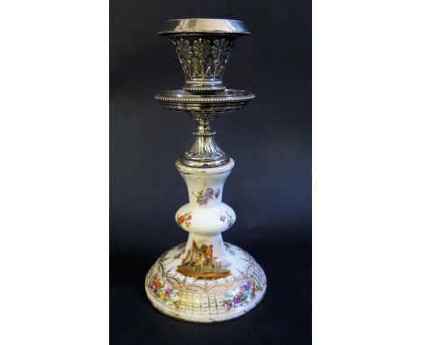 A Dresden Porcelain Candlestick with silver plated mounts, 21cm 