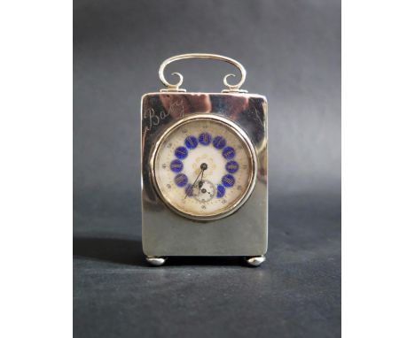 A Small Birmingham Silver Carriage Clock with a pretty white and blue guilloché enamel dial with sub seconds, engraved Baby a