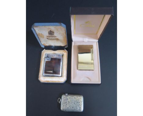 A Calibri Benson &amp; Hedges Cased Lighter (working), Ronson lighter (not tested) and silver plated vesta 