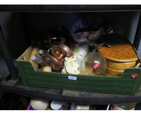 A Victorian Copper Kettle, Royal Winton teapot and dish, jewellery box, decorative wall clock, garden tools, etc. 