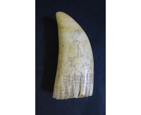 An Early 19th Century Scrimshaw Whale Tooth decorated with a full length portrait of a lady, 17cm 