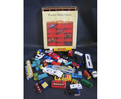 A Box of Playworn Diecast Toy Cars including Matchbox, Corgi etc. and Wooden Display Cabinet 