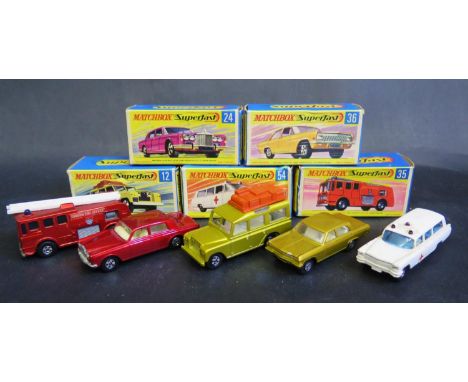 Five Matchbox Superfast Boxed Including No. 12 Land Rover Safari, No. 24 Rolls-Royce, No. 35 Merry Weather Fire Engine, No. 3