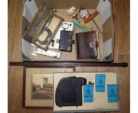 Boxed Projector De-Luxe, micrometer, playing cards, crystal door knobs, old lock plate with key, etc. 