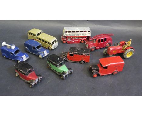 Ten Playworn Dinky Vans, Taxis, Buses, Tractor and Fire Engine. 