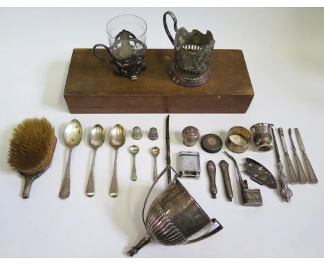 A Selection of Odd Silver and Plate including a damaged silver presentation cup and flatware, silver handled manicure tools, 