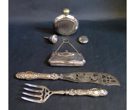 A Selection of Silver Plate including fish eaters, hip flask with funnel, etc. 