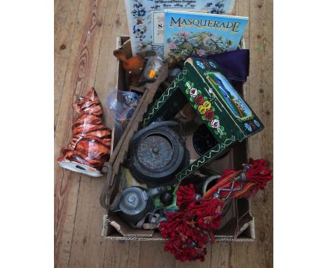 A Barge Ware Stool, cast iron bat decorated door knocker / letter box, ceramic cat ornament, cast iron kettle and other oddme