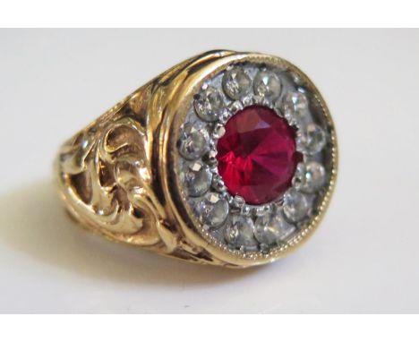 A 9ct Gold Red and White Stone Cluster Ring, size I.5, 9.2g 