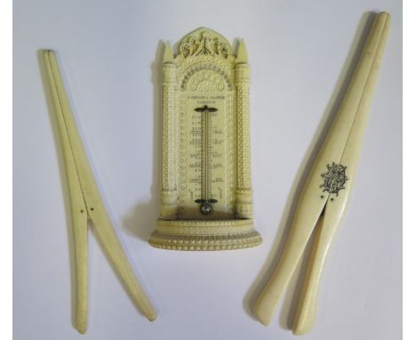 A Victorian Indian Carved Architectural Ivory Thermometer 13cm High by 'Silvani &amp; Fratelli' Brighton and two Ivory Glove 