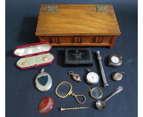 A 19th Century Inlaid Papier Mache Snuff Box, cased part stud set, Victorian locket, gilt fob pencil, ladies fob watches etc.