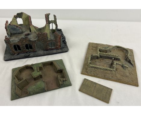3 unboxed Conflix by Bachmann model buildings for war gaming dioramas. Ruined Villa 6509, Command Bunker 6508 and Gun Emplace