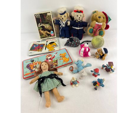 A basket of mixed vintage toys to include a 7 inch Norah Wellings cloth doll in gingham dress, 2 hand knitted Royal Marine te