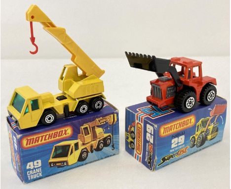 2 boxed 1970's Matchbox Superfast diecast vehicles, #29 Tractor Shovel with #49 Crane Truck. Crane - in yellow with extending