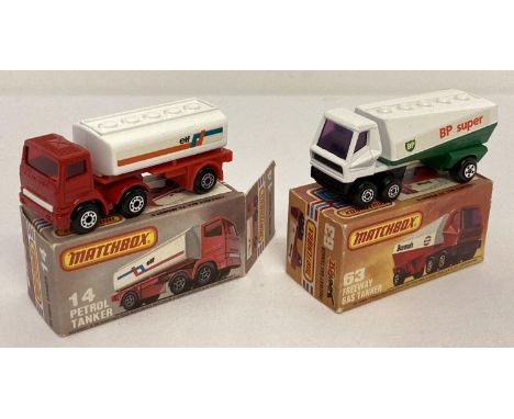 2 boxed Matchbox 75 diecast tankers, #14 Leyland Petrol Tanker together with #63 Freeway Gas Tanker. Leyland tanker - 1981, i