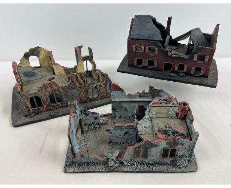 3 unboxed Conflix by Bachmann model buildings for war gaming dioramas. Ruined Village House6502, Ruined Villa 6509 and Ruined