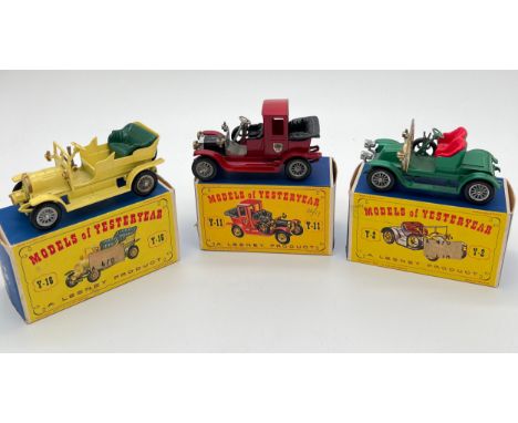 3 boxed vintage 1960's Matchbox Models of Yesteryear diecast veteran cars. Y-2 1911 Renault in green with red seats - 1963 - 